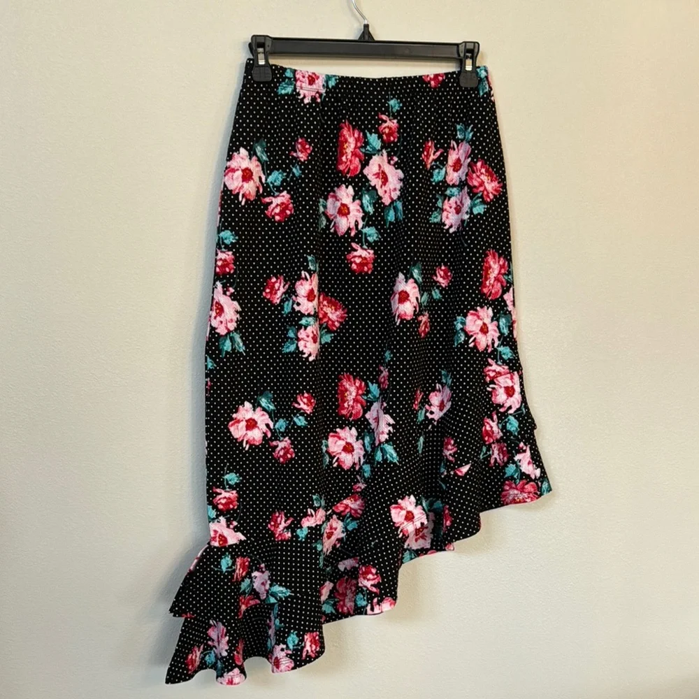 NWT Bobeau Black Midi Skirt with Pink and Blue Floral Print - Picture 3 of 5